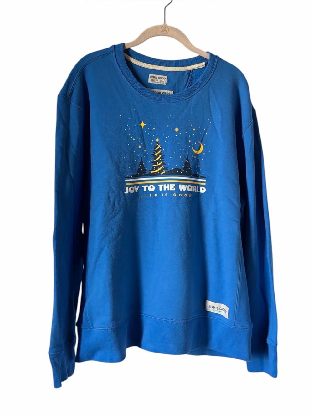 Life Is Good Blue 'Joy to the World' Sweatshirt Christmas Holiday 100% Cotton